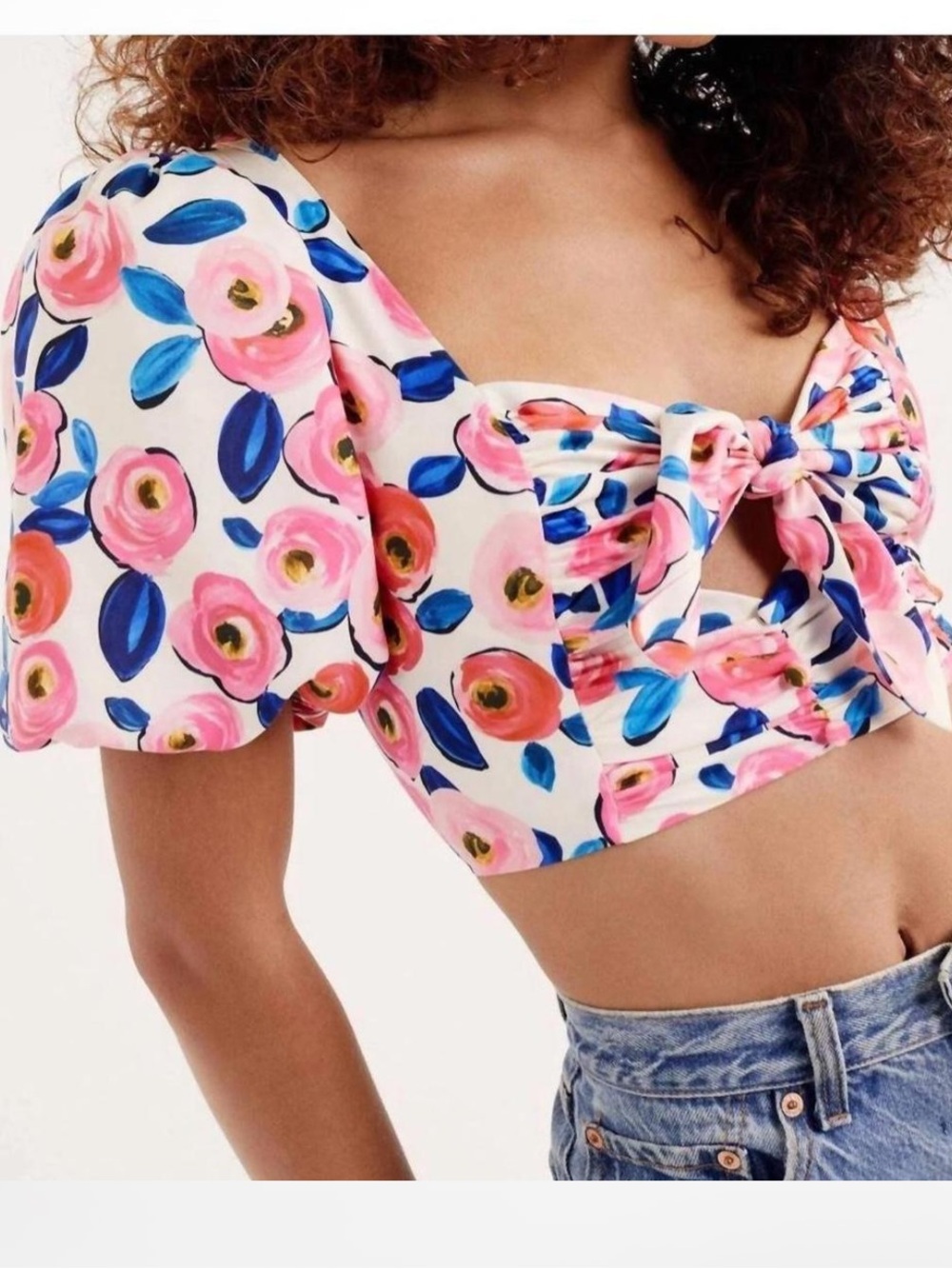 Brand New!! For Love And Lemons Gianna Multicolor Floral Cropped Blouse